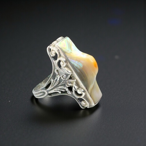Vintage Art Deco Sterling Rectangular Abalone Blister Pearl Ring - Picture 6 of 14